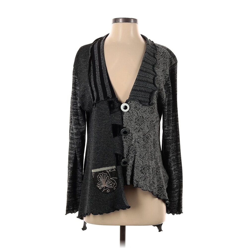 Women Lee Andersen Mixed Media Gray Black Asymmetric Cardigan Sweater Size S